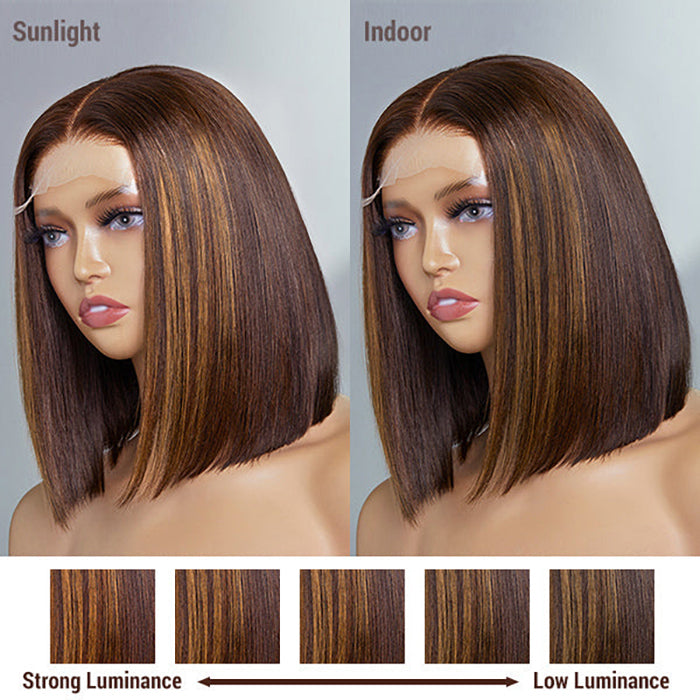 12 Inch Chestnut Brown Highlights Straight 4x4 Closure Bob Wig 150% Density 15 sold in last 12 hours