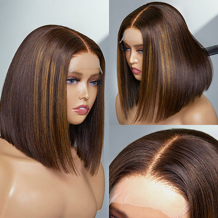 12 Inch Chestnut Brown Highlights Straight 4x4 Closure Bob Wig 150% Density 15 sold in last 12 hours
